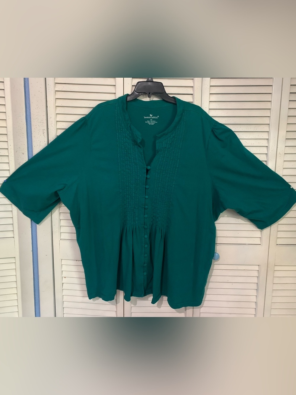 Woman Within 5X Dark Green Half Sleeve Top With Embroidered Placket
